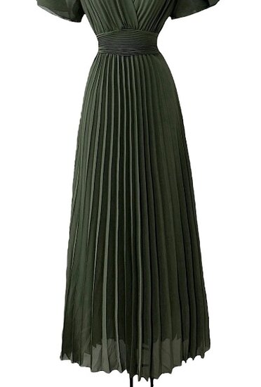 Stijlvolle kaki groene maxi plisse jurk