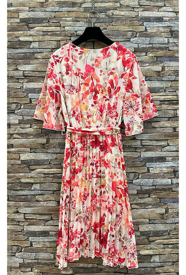 Jolie robe courte cache cœur beige-rose à imprimé floral