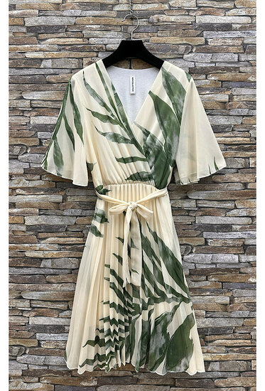 Jolie robe courte cache cœur beige-vert à imprimé palmier