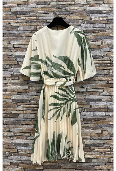 Jolie robe courte cache cœur beige-vert à imprimé palmier