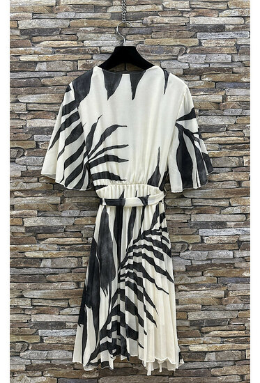 Jolie robe courte cache cœur beige-noir à imprimé palmier