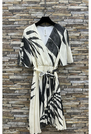 Jolie robe courte cache cœur beige-noir à imprimé palmier