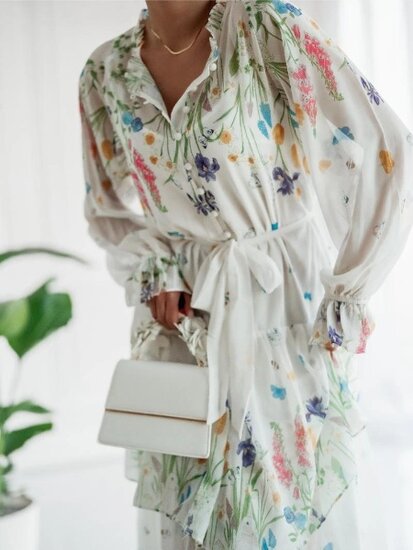Magnifique robe longue mixte vert pastel-beige avec motif floral