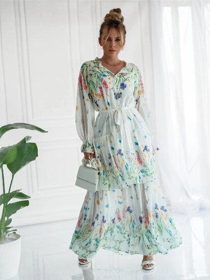 Magnifique robe longue mixte vert pastel-beige avec motif floral