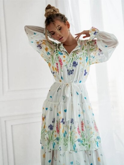 Magnifique robe longue mixte vert pastel-beige avec motif floral