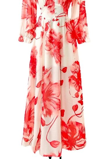 Sierlijke wit-rode mixed maxi jurk met bloem motief