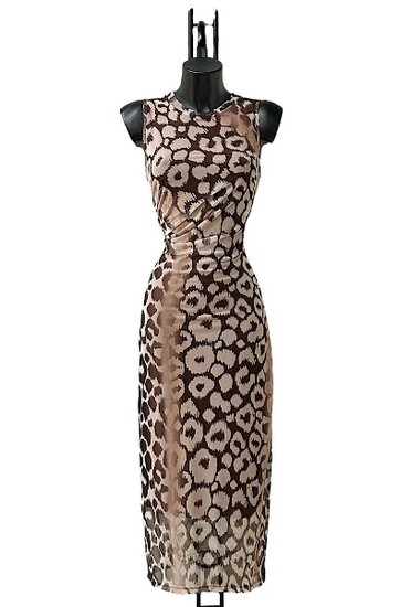 Magnifique robe bodycon sans manches en maille brun et beige avec motif floral