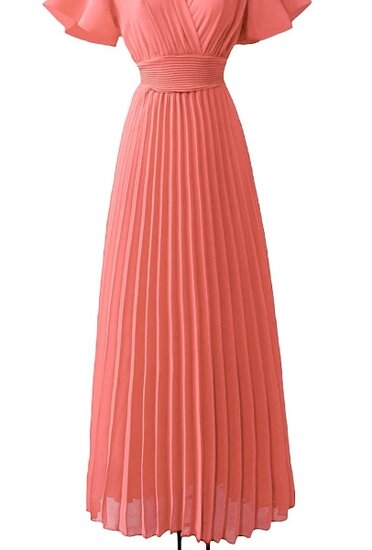 Robe longue plissée rose corail élégante