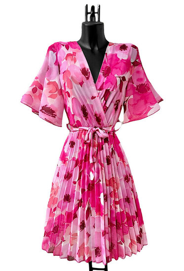 Jolie robe courte cache cœur rose-fuchsia à imprimé floral