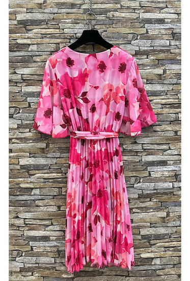 Jolie robe courte cache cœur rose-fuchsia à imprimé floral
