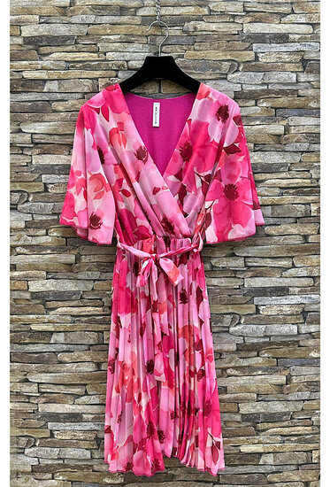 Jolie robe courte cache cœur rose-fuchsia à imprimé floral