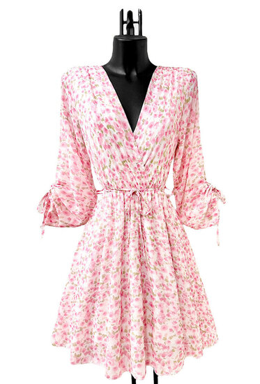 Jolie robe courte cache cœur rose pastel-vert à imprimé floral
