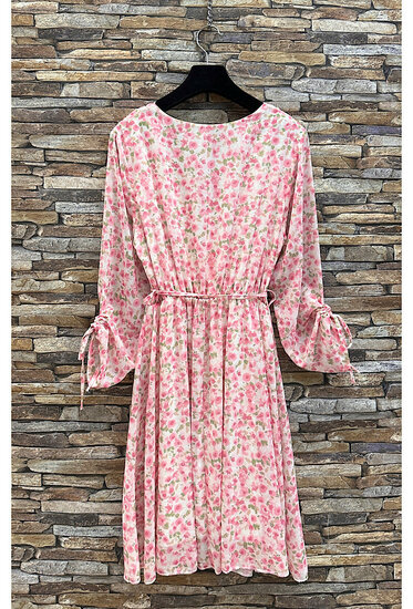 Jolie robe courte cache cœur rose pastel-vert à imprimé floral