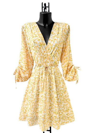 Jolie robe courte cache cœur jaune pastel-vert à imprimé floral
