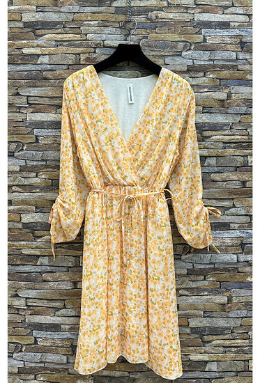 Jolie robe courte cache cœur jaune pastel-vert à imprimé floral