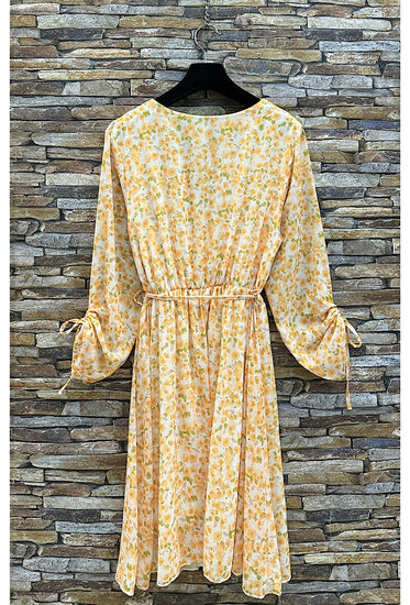 Jolie robe courte cache cœur jaune pastel-vert à imprimé floral