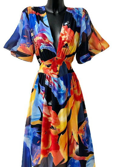 Mooie blauw-oranje maxi jurk met print