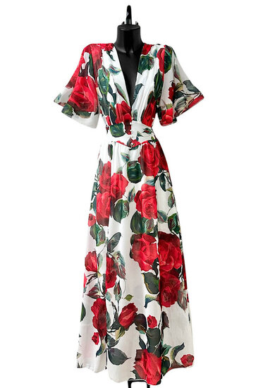 Mooie rood-groen-witte maxi jurk met print