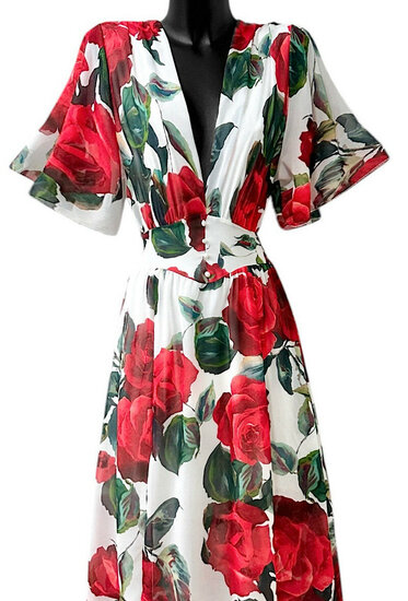 Mooie rood-groen-witte maxi jurk met print