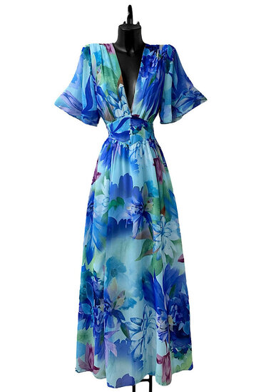 Mooie blauwe maxi jurk met bloemen print