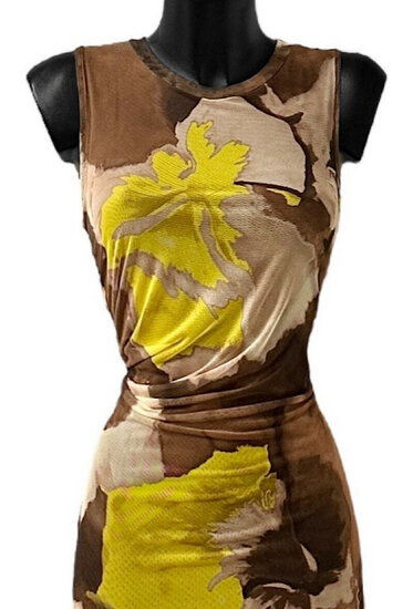 Prachtige lange mouwloze geel bruine bodycon jurk
