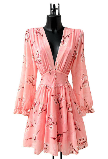 Mooie korte zalm rose jurk met print