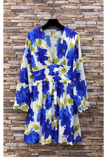 Mooie korte blauw-witte jurk met bloemen print