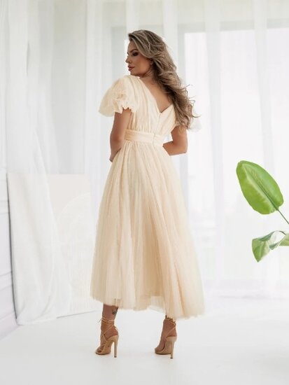 Stijlvolle lange cream jurk in organza