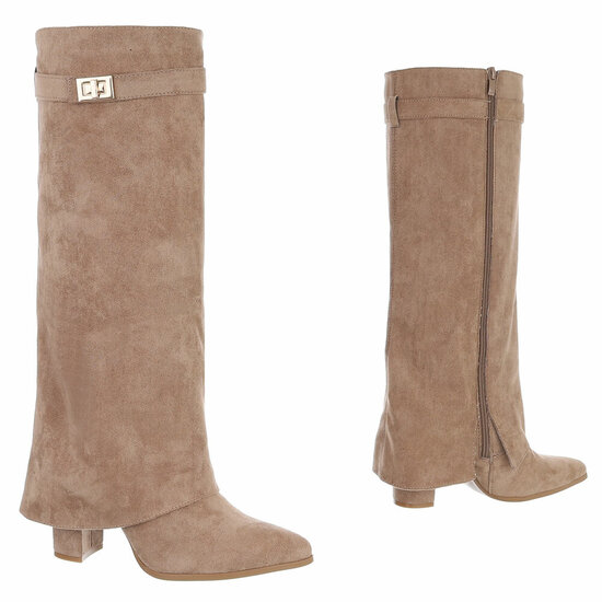 Hoge kaki bruine suede laars met omslag Chanella
