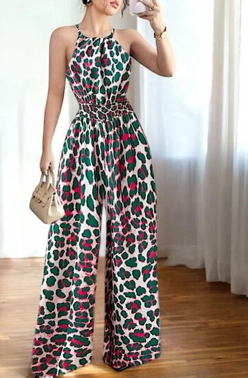 Combinaison fashion vert-fuchsia-blanc à imprimé animal