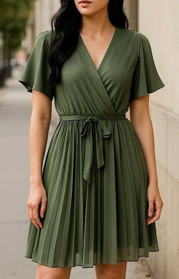 Robe courte en plisse à cœur croisé vert kaki