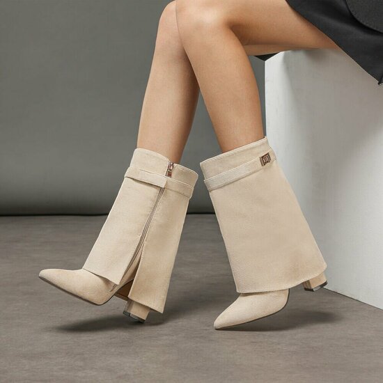 Beige suede laars met omslag Binti