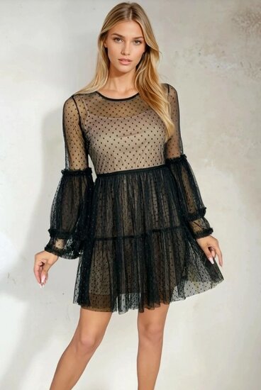Korte zwarte kanten boho chic jurk
