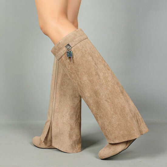 Hoge kaki bruine suede laars met omslag Calista