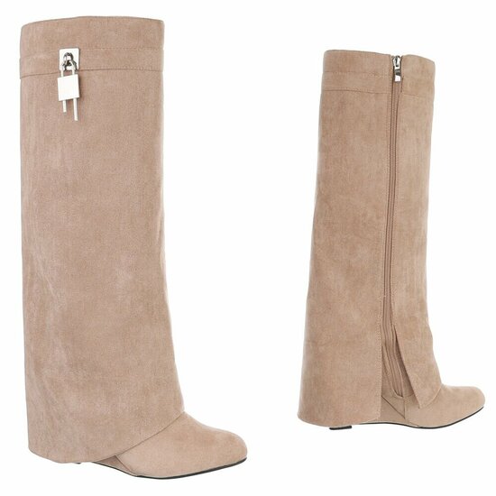 Hoge kaki bruine suede laars met omslag Calista