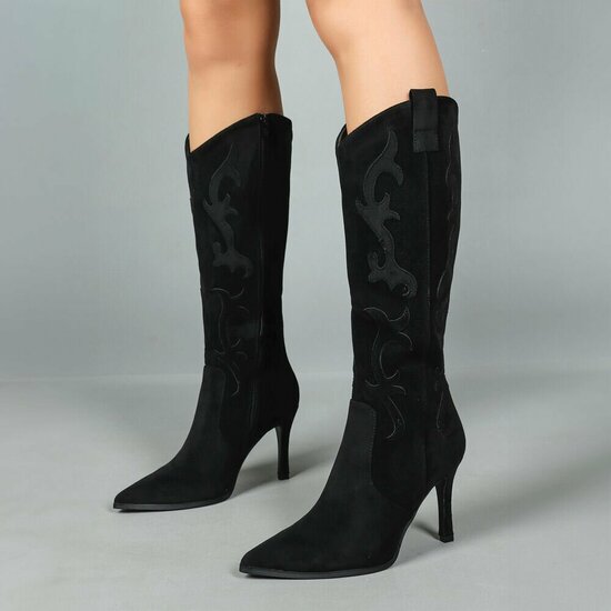 Hoge zwarte suede western-biker laars Carissa