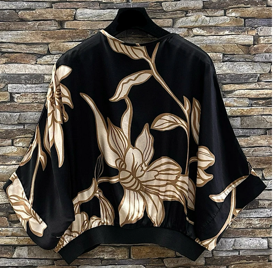 Zwarte gilet in satin met bloemenprint
