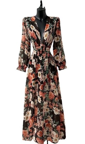 Sierlijke zwarte maxi jurk met gekleurde bloemen