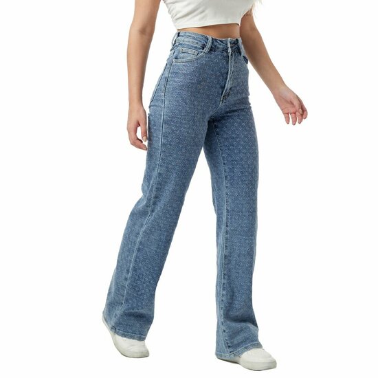 Blauwe wide leg jeans broek voor dames met print