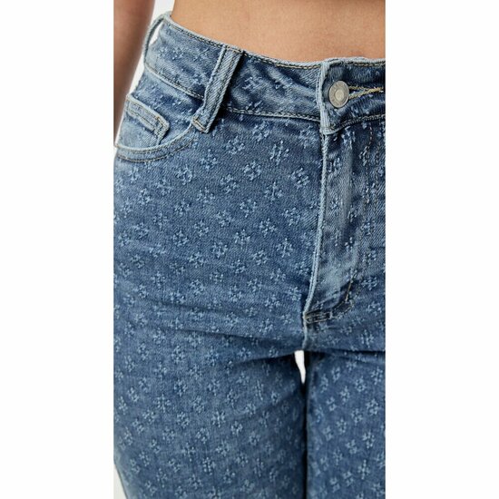Blauwe wide leg jeans broek voor dames met print