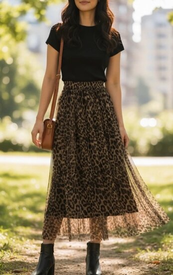 Lange zwarte rok in ultralicht tulle met leopardprint