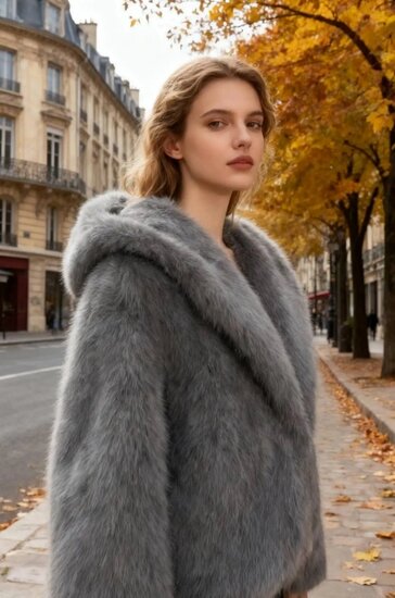 Manteau court tendance en fausse fourrure gris