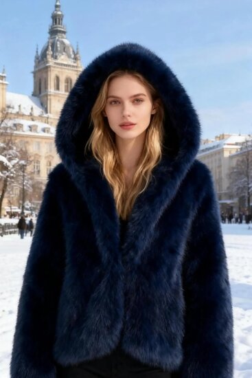 Manteau court tendance en fausse fourrure bleu