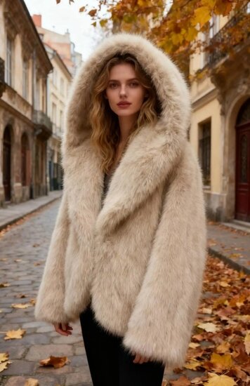 Manteau court tendance en fausse fourrure beige