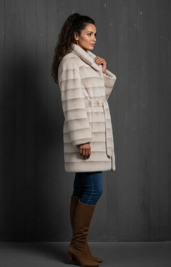 Manteau mi-long tendance bicolore beige en fausse fourrure