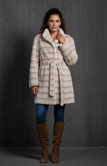Manteau mi-long tendance bicolore beige en fausse fourrure