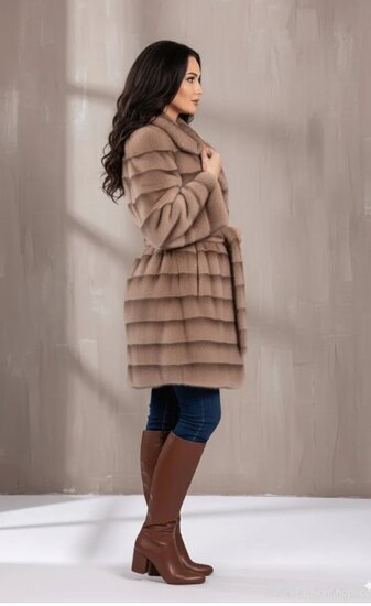 Manteau mi-long tendance bicolore taupe en fausse fourrure