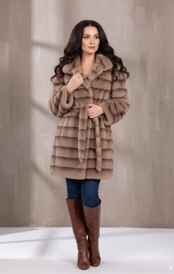 Manteau mi-long tendance bicolore taupe en fausse fourrure