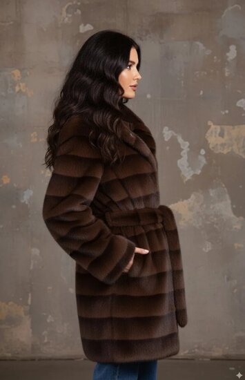 Manteau mi-long tendance bicolore brun en fausse fourrure