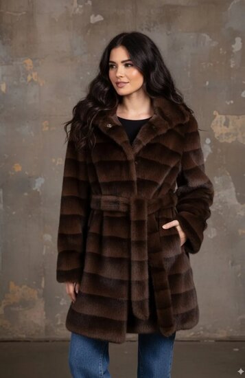 Manteau mi-long tendance bicolore brun en fausse fourrure
